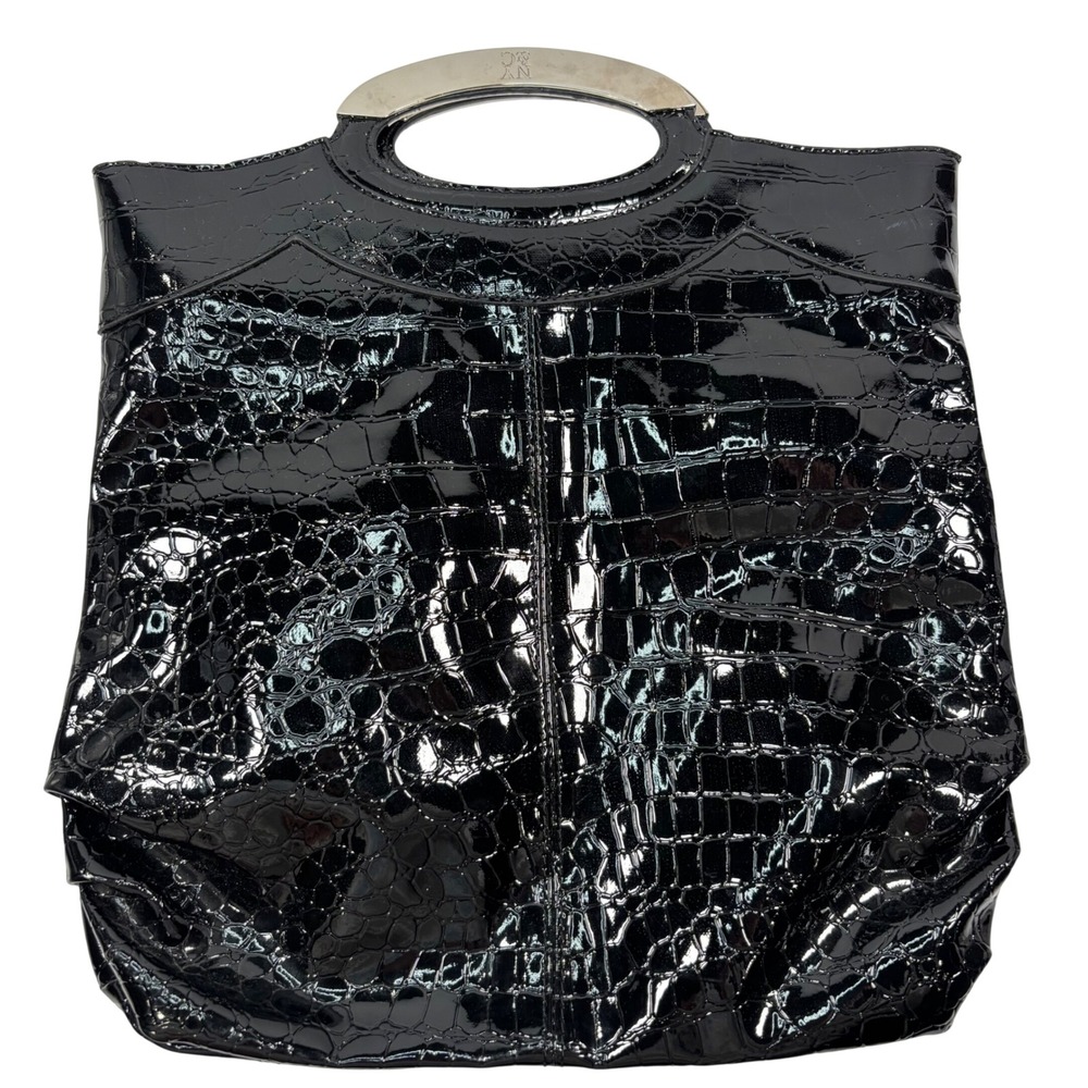 New York & Company Womens Large Tote Bag Black Croc Patent Metal Handle Retro